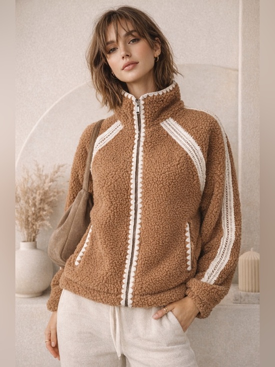 And Now This Jackets & Blazers - And Now This Sherpa Jacket Brown Cream Crochet Trim Cozy Fleece Zip NWT
